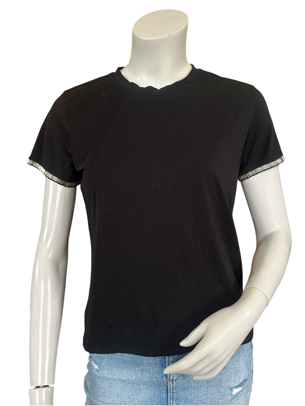 Frame Denim Black Beaded Sleeve Trim Short Sleeve Tee Shirt Size Small